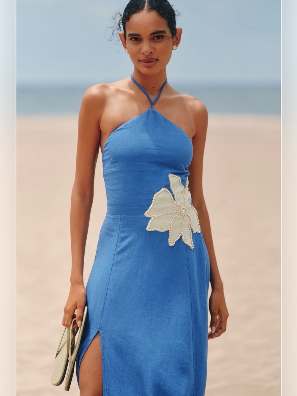 Anthropologie Blue Halter Maxi Dress with Cream Floral Appliqué